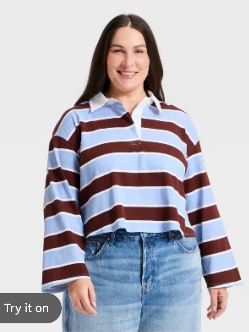 Universal Thread Striped Rugby Polo Cropped Top, Size Large